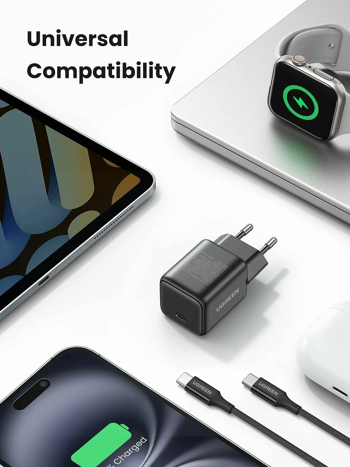 65012 Зарядное устройство UGREEN X513 GaN 30W 1xUSB-C. Кабель USB-C-USB-C 1м 60W. Цвет: черный